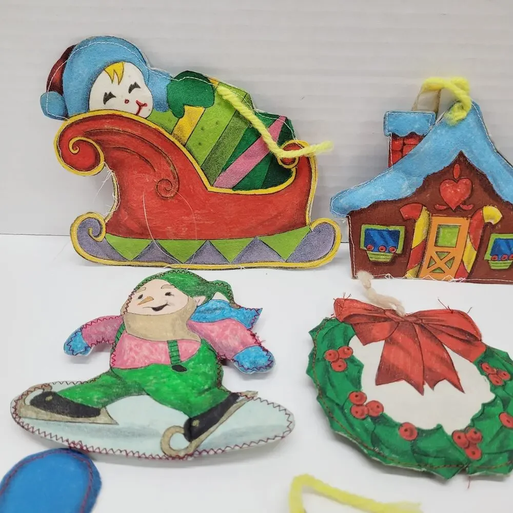 Handmade Sewn Painted Christmas Stitched Stuffed Fabric Ornaments Vtg Lot of 15